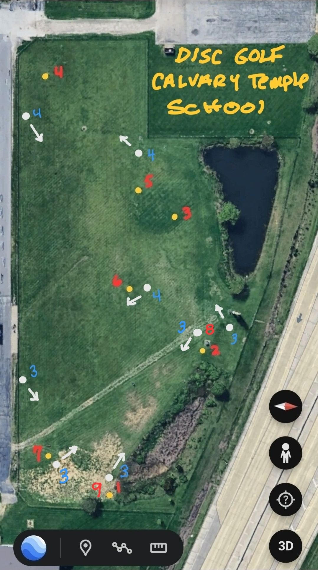 Baskets/holes (#4) & (#5) were missing. So we reworked the course to finish with 9 holes using basket/holes (2) for 8 and (1) for 9.
For our use, we change a couple basket/holes to par (4). The course is advertised as a par (3) for all 9 basket/holes.

Yellow is basket,
Red is Hole #, 
Blue dot is Par#, 
Whitedot is launch area 
White Arrow is direction to next hole.