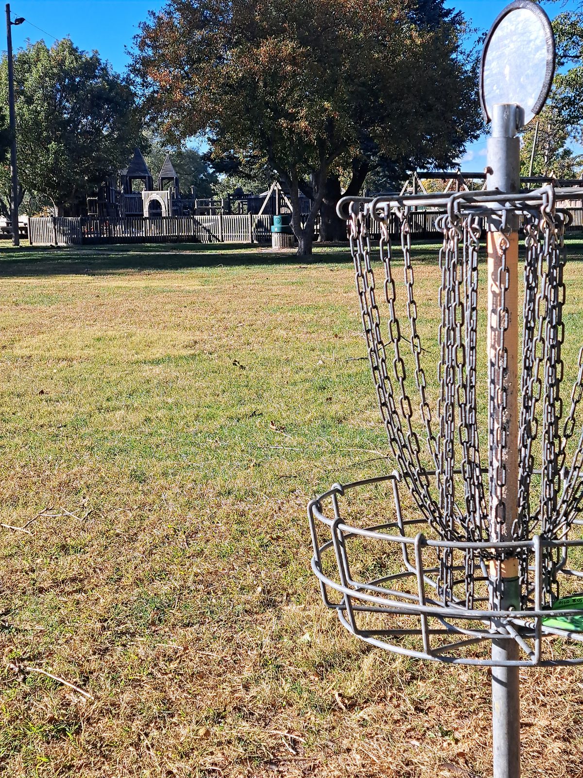 Hole 1 basket with wooden playground in background