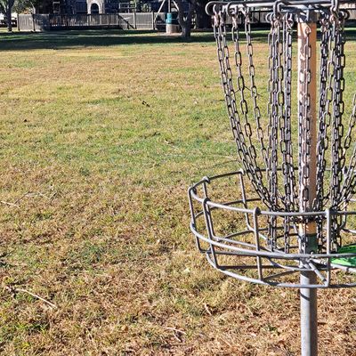Hole 1 basket with wooden playground in background