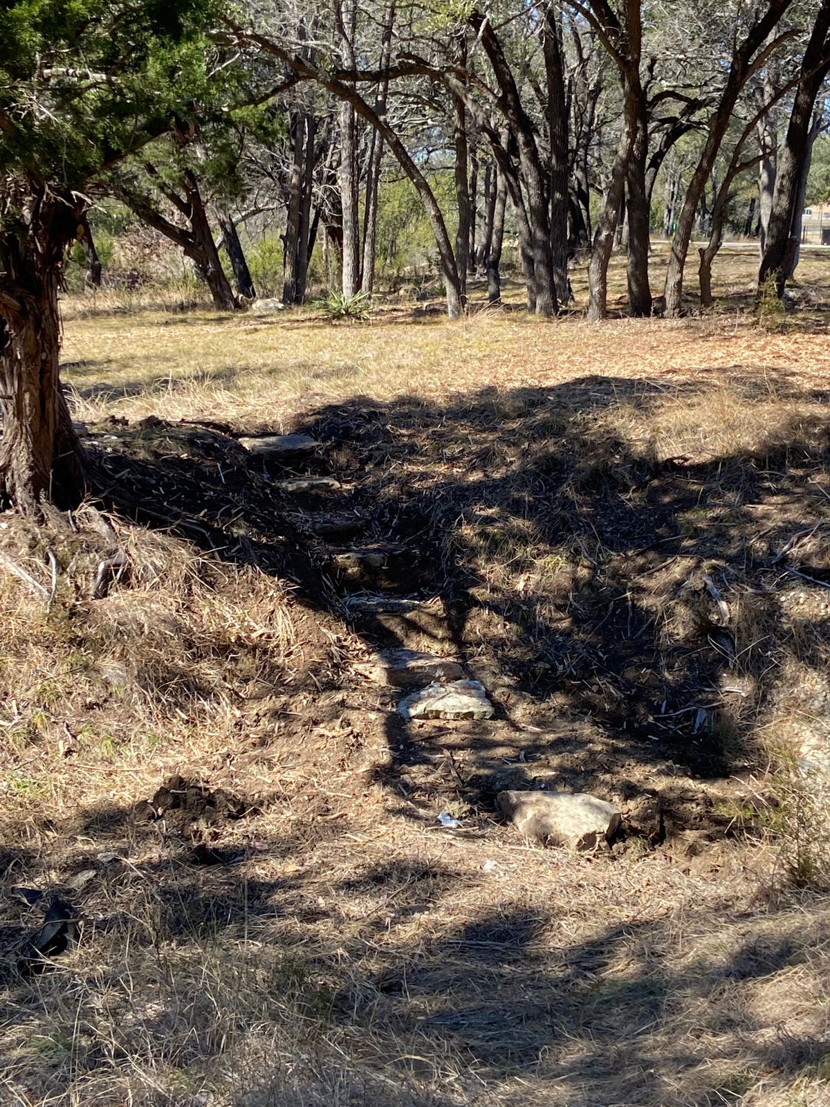 Rock steps on hole one.  Look back to the tee pad.