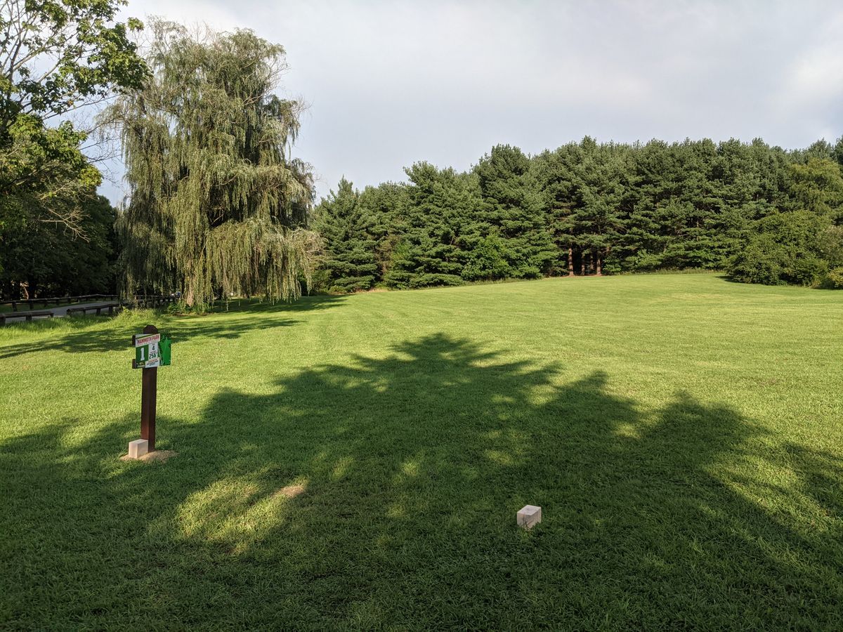 Hole 1 teepad with stakes replaced by painted wood posts. All holes now have post markers.