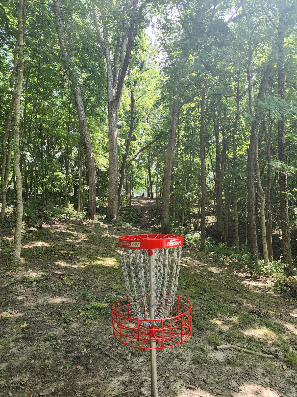 Hole 1 basket looking back to pad