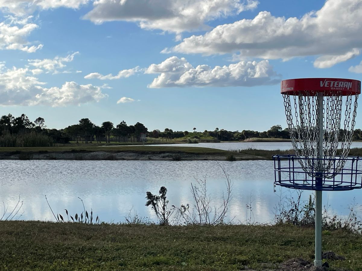 Picture taken from the Hole 3 basket looking on to the formidable hole 18 peninsula.