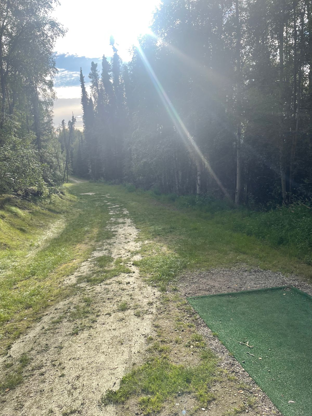 Hole 3 tee pad, basket downhill on the right side of the trail