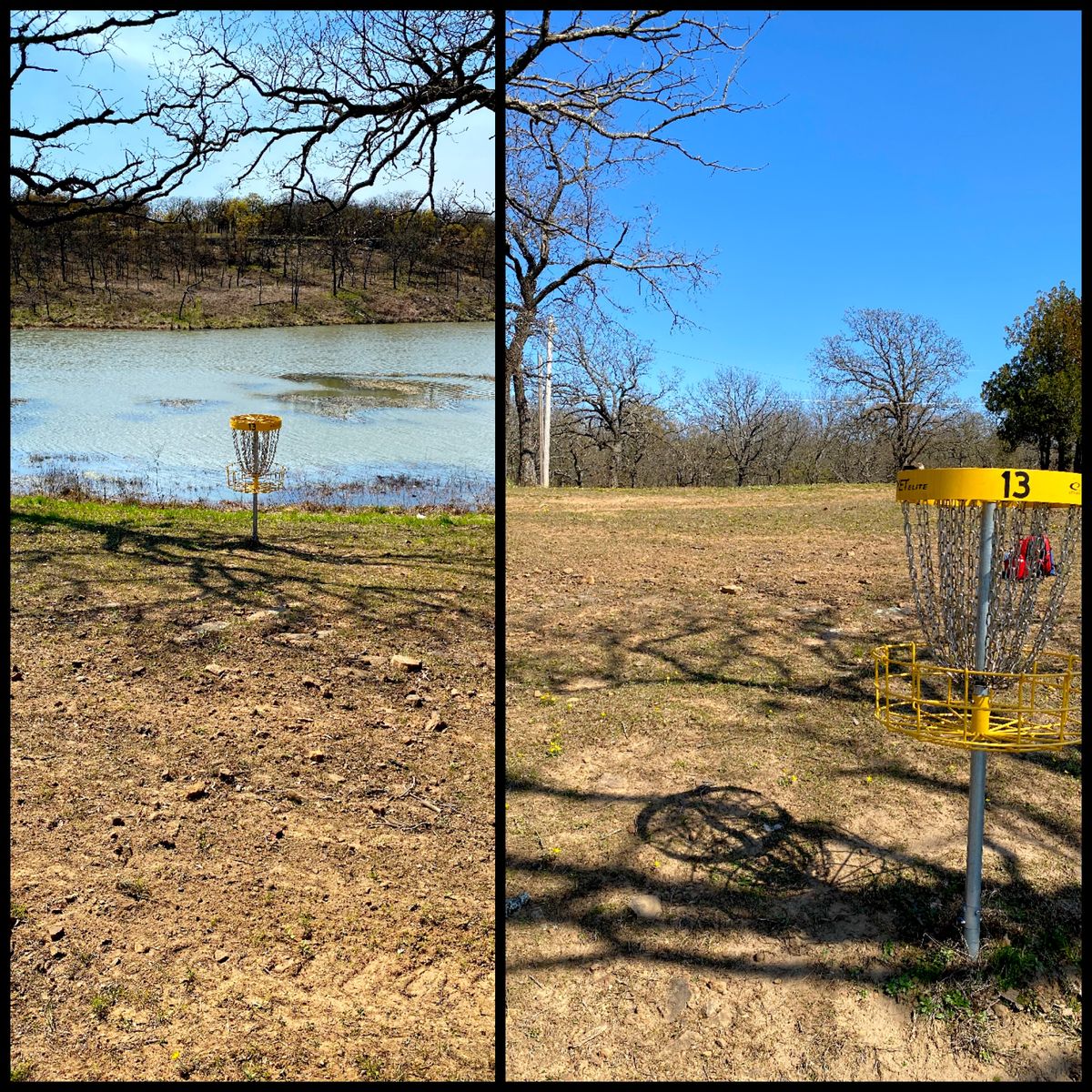#13 green - left –> from fairway down towards lake : right –> looking back towards Tee