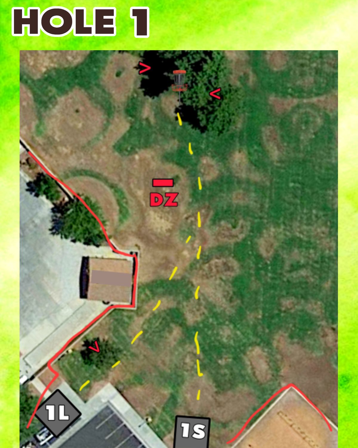 Hole 1 short and long tees. Double mandatory for short tee. Double and single mandatory for long tee. Long Tee marked out on sidewalk.