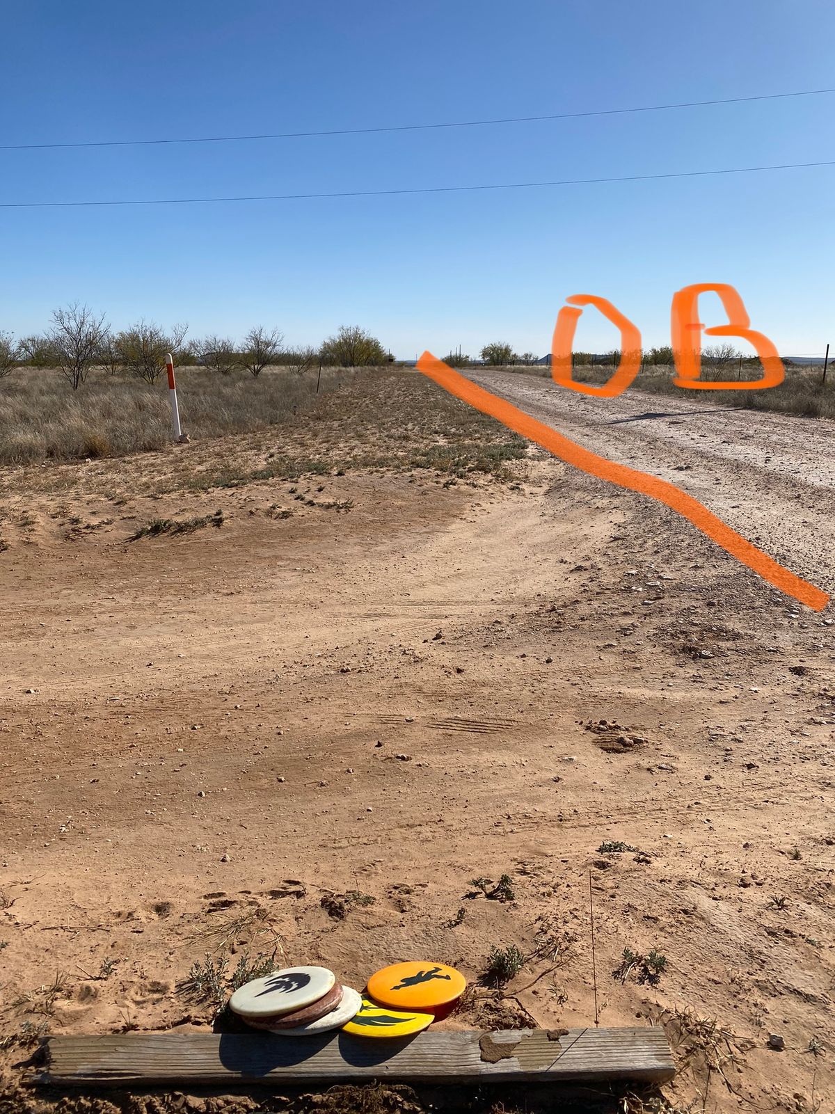 Teepad 14. Basket is located to left of fairway. Road is OB.