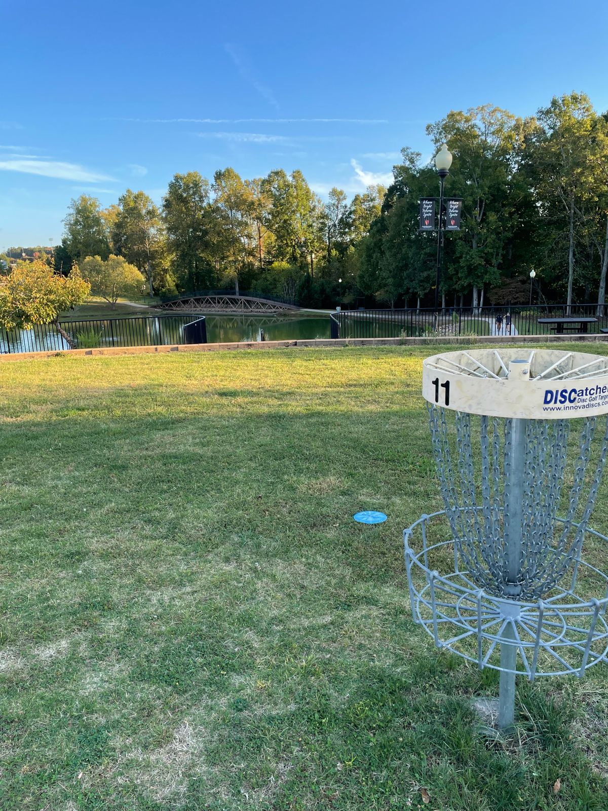 Hole 11 basket looking out over Lake Hollifield