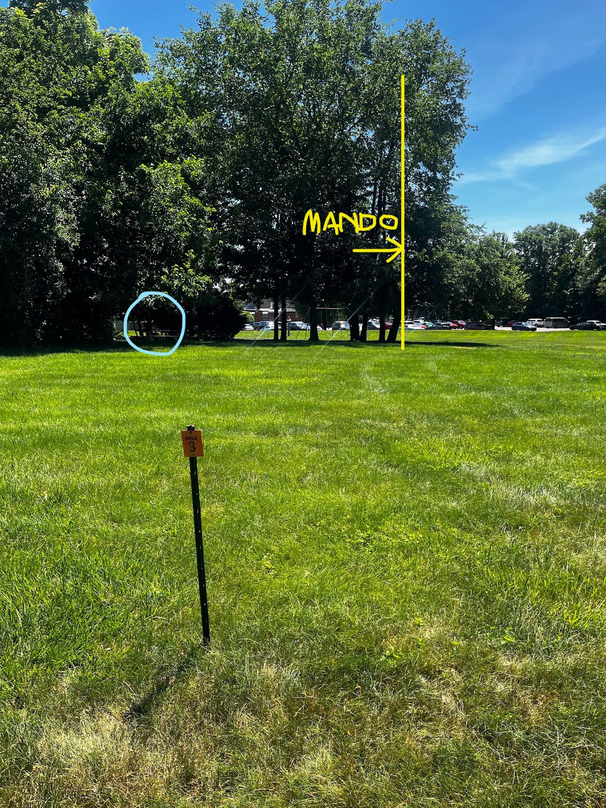 Hole 3. Mando around the trunk of the right tree. Drop zone from the tee marker for hole 9.