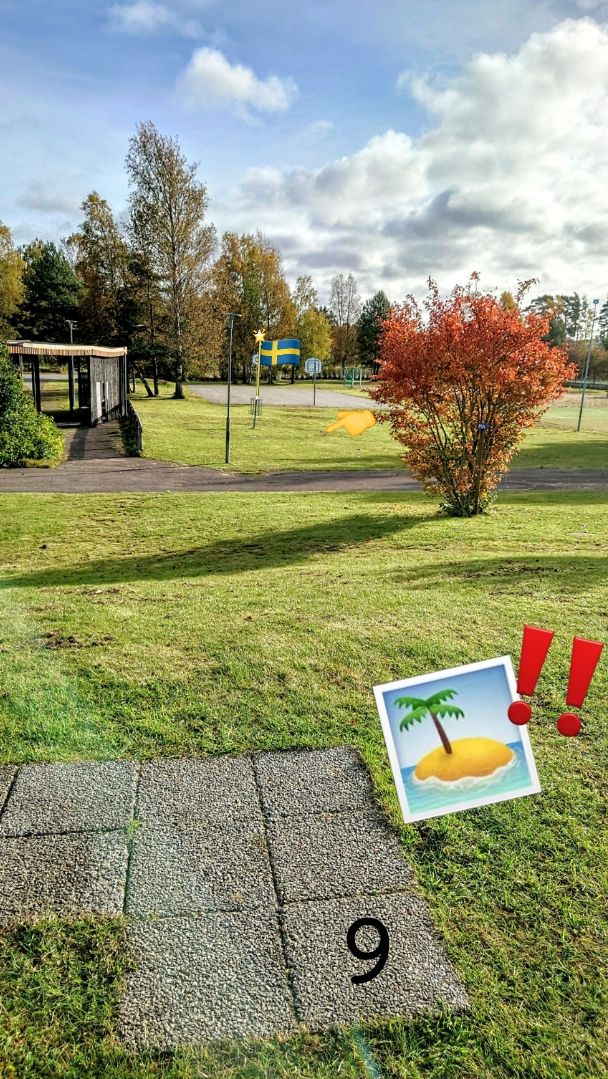 Hål 9 Svarta. Island-hole! Ö-hål! Insidan av den stenlagda ringen är det som utgör in-bounds. Allt utanför räknas som OB. Vid OB kastar man vid DZ-stenen 6 meter bakom korg Death putt!!!
