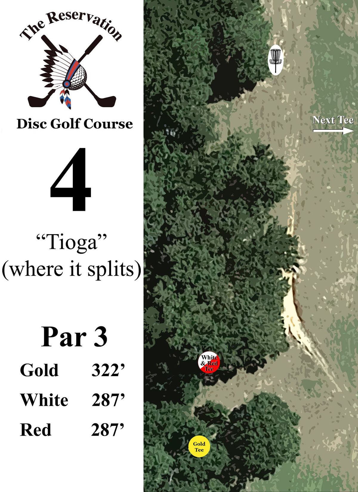 Hole 4 is a downhill throw with a narrow straight route and a low-ceiling hyzer route.