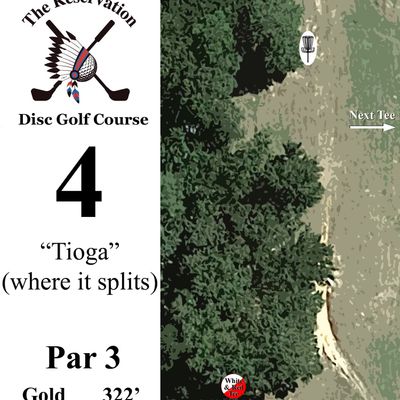 Hole 4 is a downhill throw with a narrow straight route and a low-ceiling hyzer route.