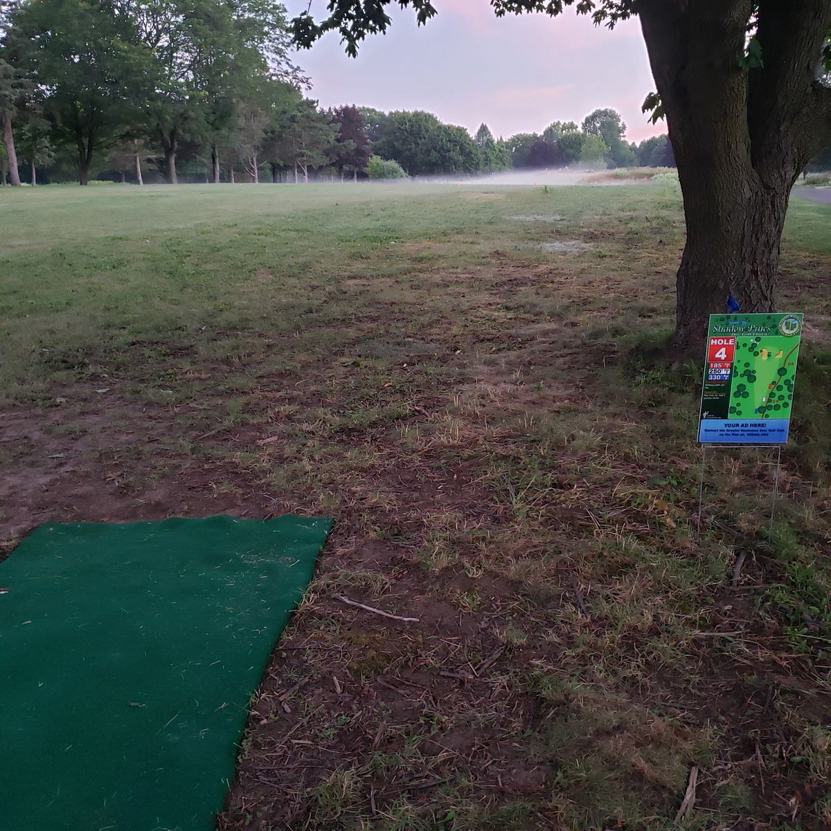 Early morning mist over hole 4's green