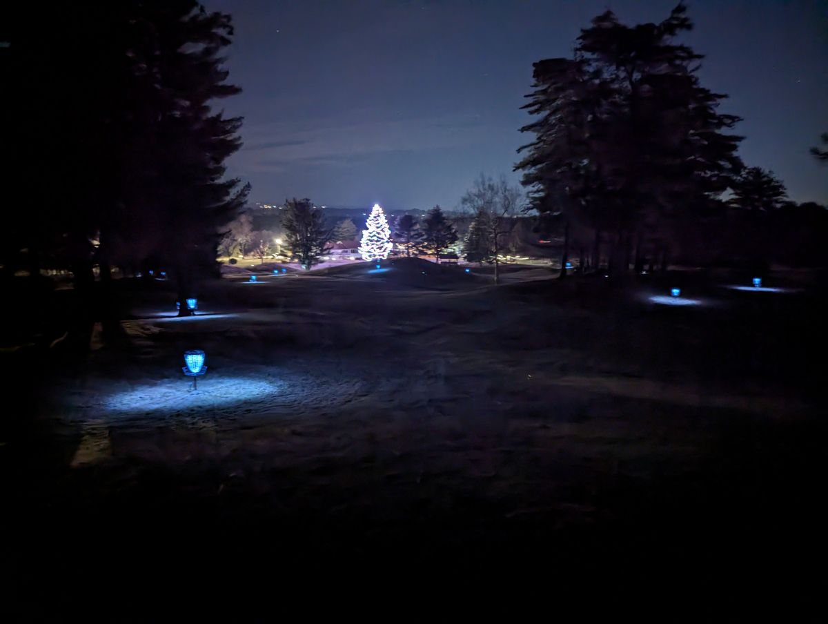 Glow Tiki course with the collective's giant Xmas tree.