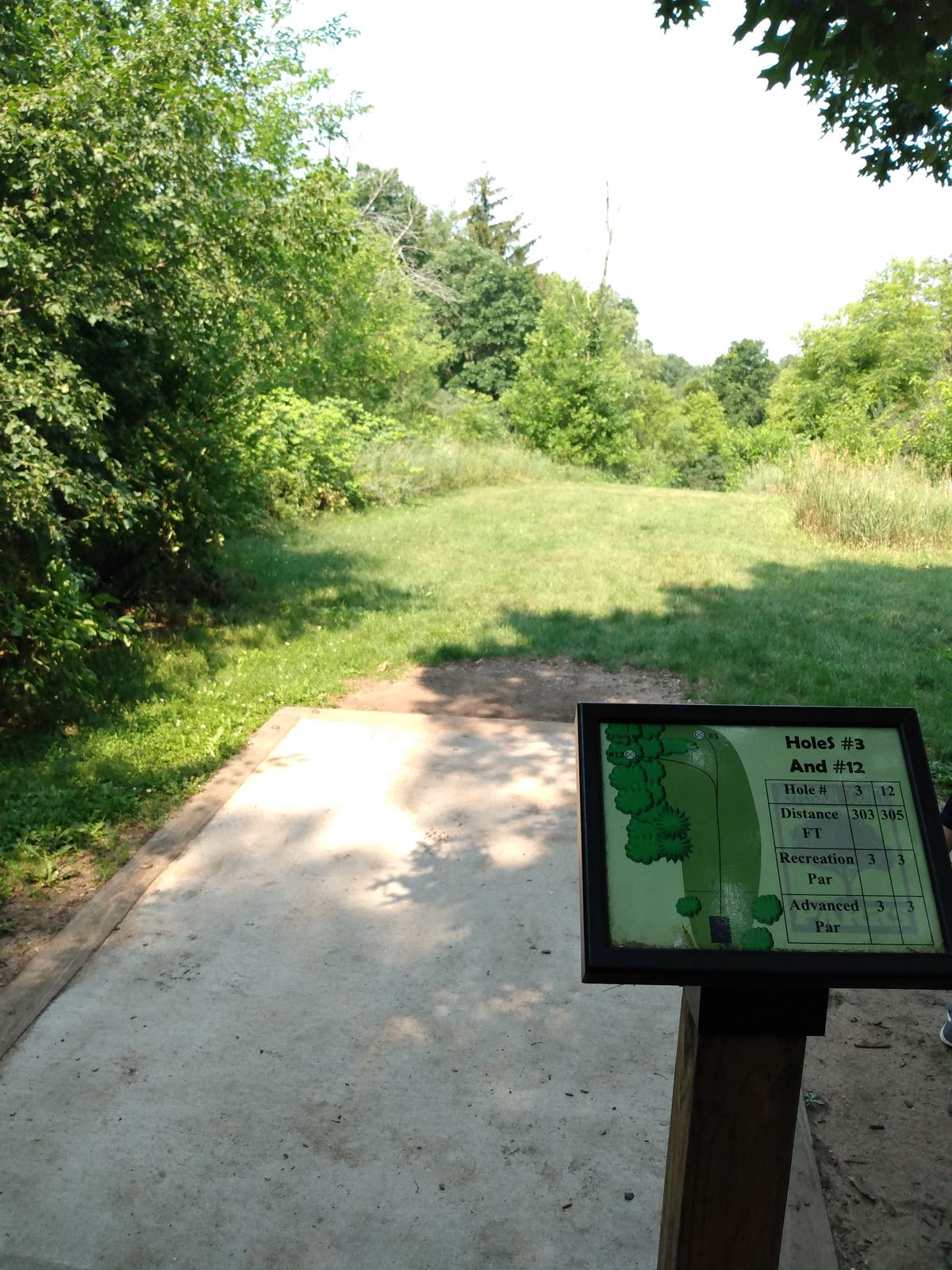 Hole 3 is long and basically straight ahead down the hill and behind a sizeable bush. Hole 12 is down the hill then hard left.