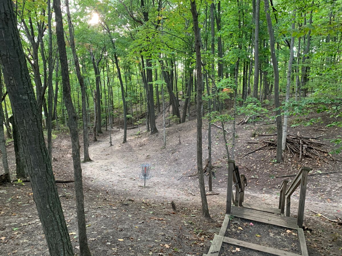 Looking back at hole 7's basket walking up to 8's tee