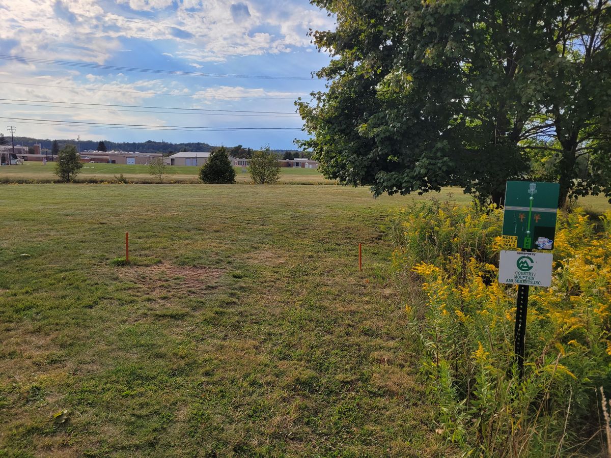Hole 2 - short ace run with an island green (marked by paint and flags) 