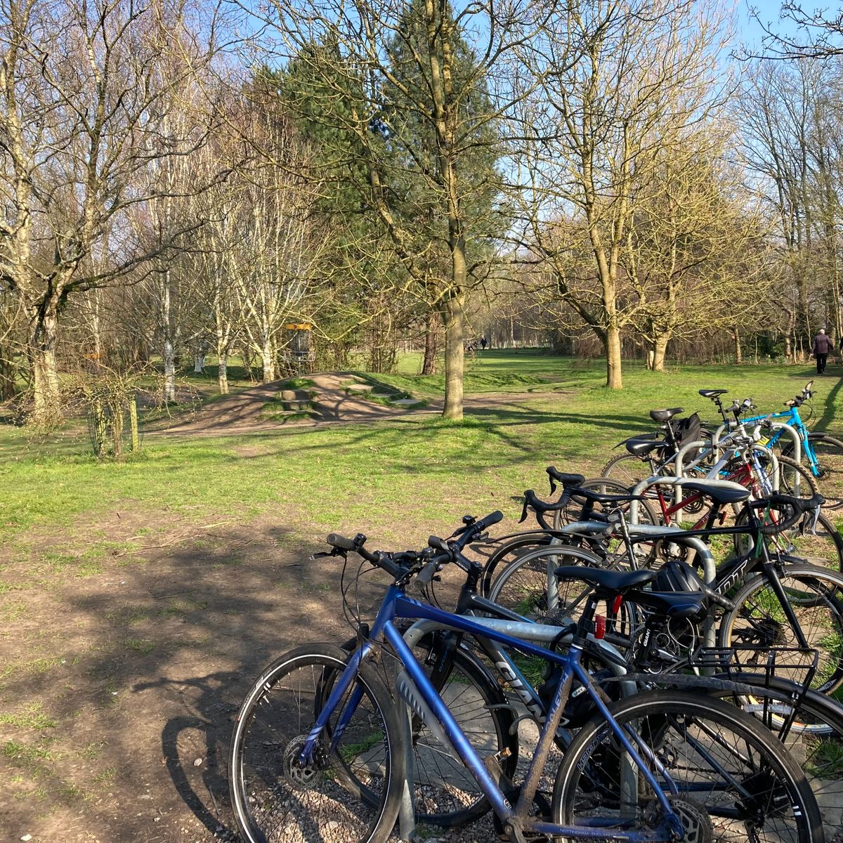 Plenty of bike hoops for those who wish to cycle here. The raised 9th basket is visible.