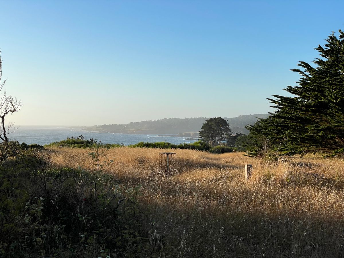 Disc golf basket rusting near ocean