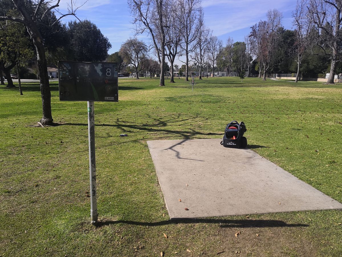 Hole 8 in the middle of the park is representative of the course. Flat, moderate trees, good tee pads, and clean.