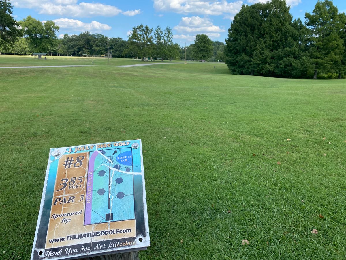 Hole 8, taken 9/4/2023.  Sign depicts removed trees, hole is currently very straightforward.