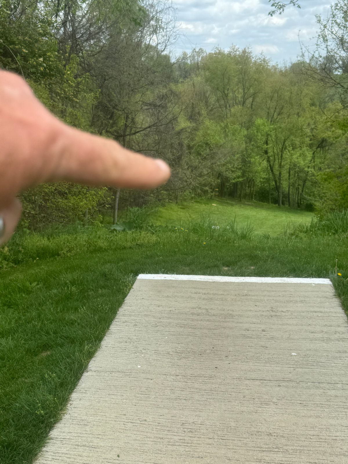 White tee hole1 finger pointing out basket