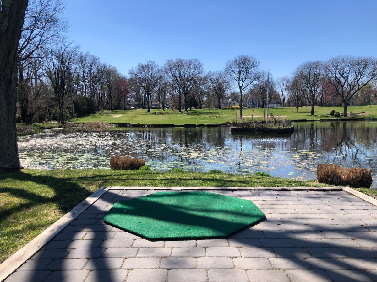 Hole 4 long tee, basket up the hill between twin trees.