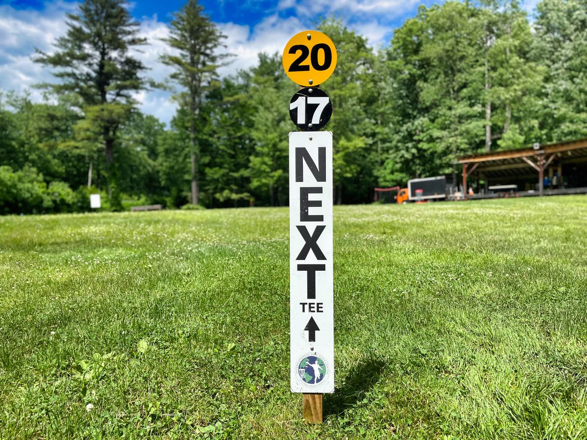 Next tee sign orginally from WR Jackson at the International Disc Golf Center
