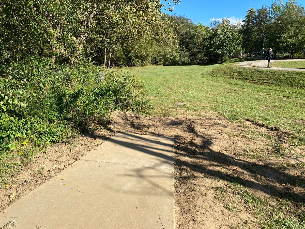 New (as of 9/28) hole 9. Tee just ahead of old 8 box, not throwing at the walking path anymore.