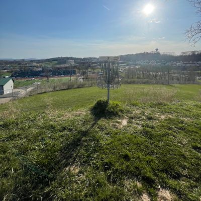 Hole 7 overlooks campus from the highest point at Slippery Rock University.