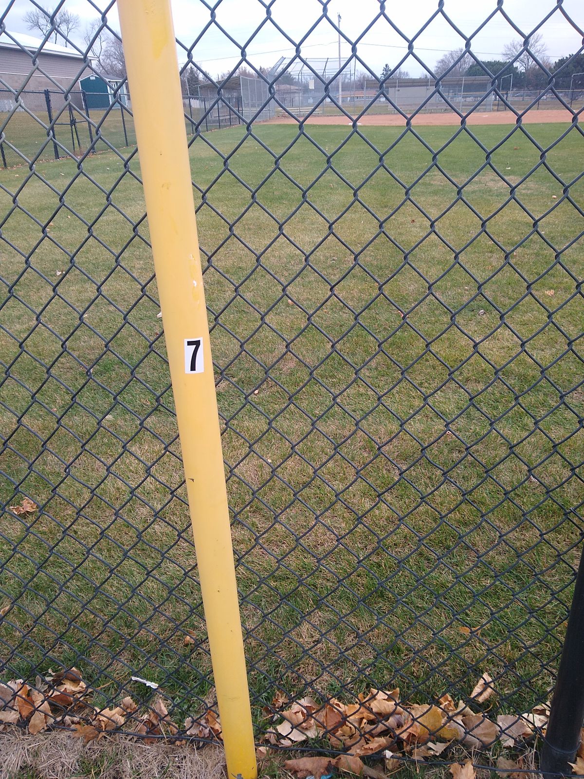 Hole 7 does not have a tee pad. The only marking is a number 7 sticker on a baseball foul poll.