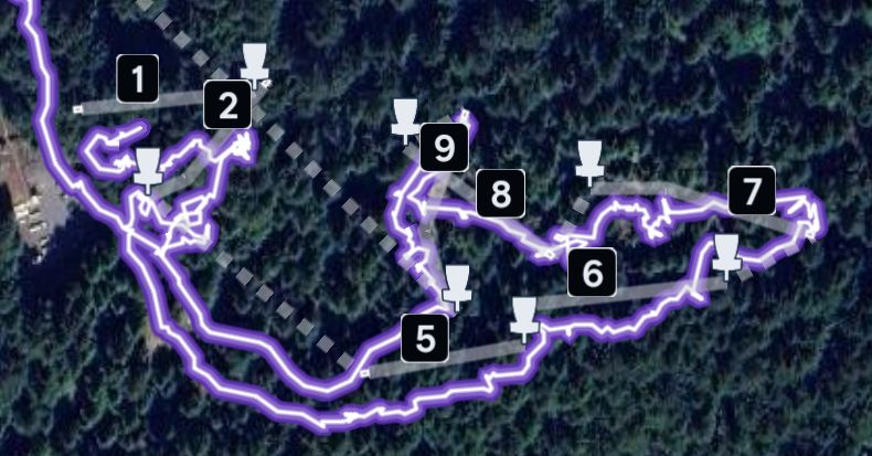 UDisc mapping of our game today showing our path of walking relative to the course layout for holes 1, 2, 5-9, and then walking over towards hole 11 off upper left of image.