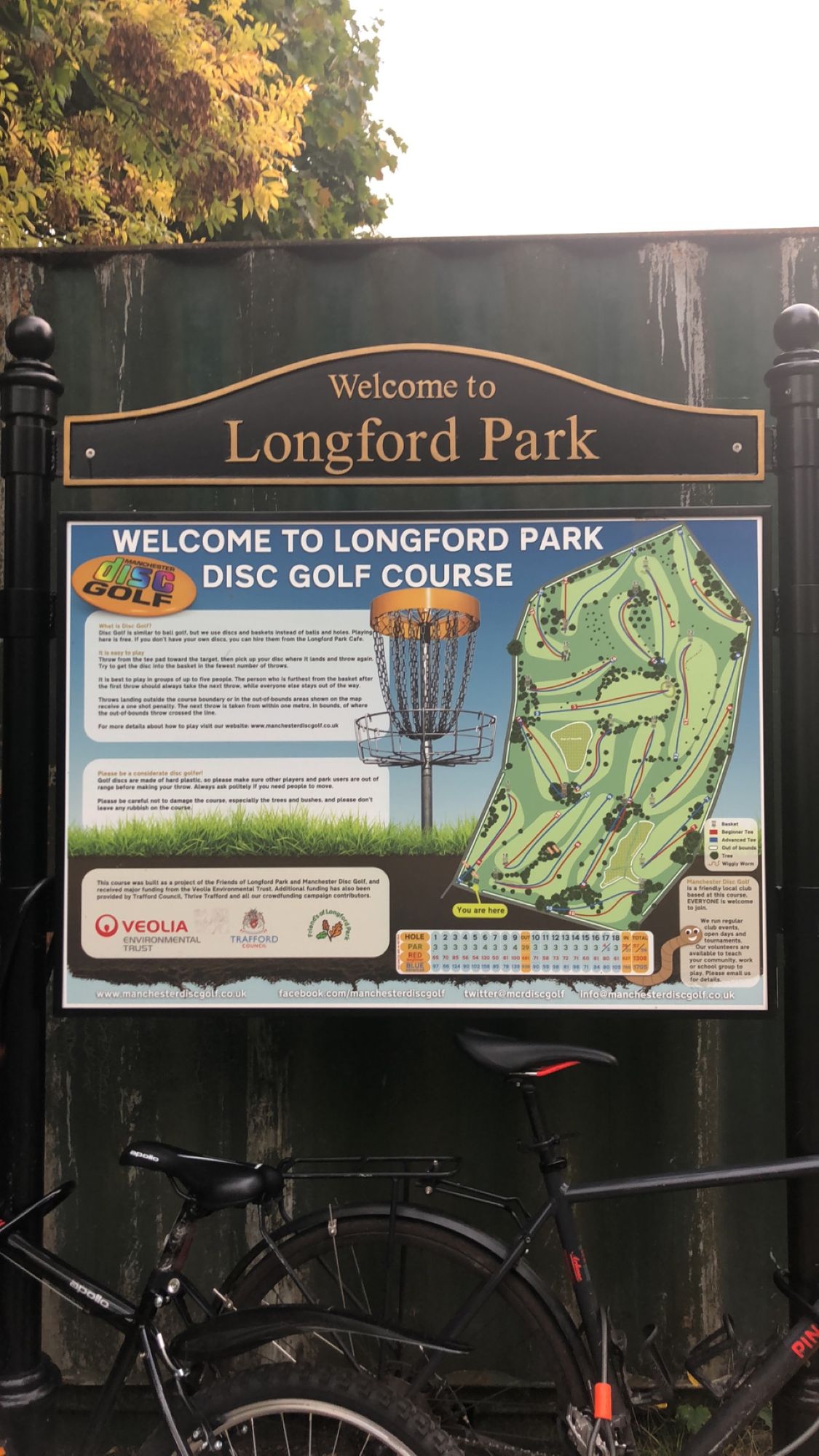 Welcome sign next to the club’s container at the course entrance. Thanks to Manchester Disc Golf, Trafford Council, Veolia, Friends of Longford Park, and DUFFA.