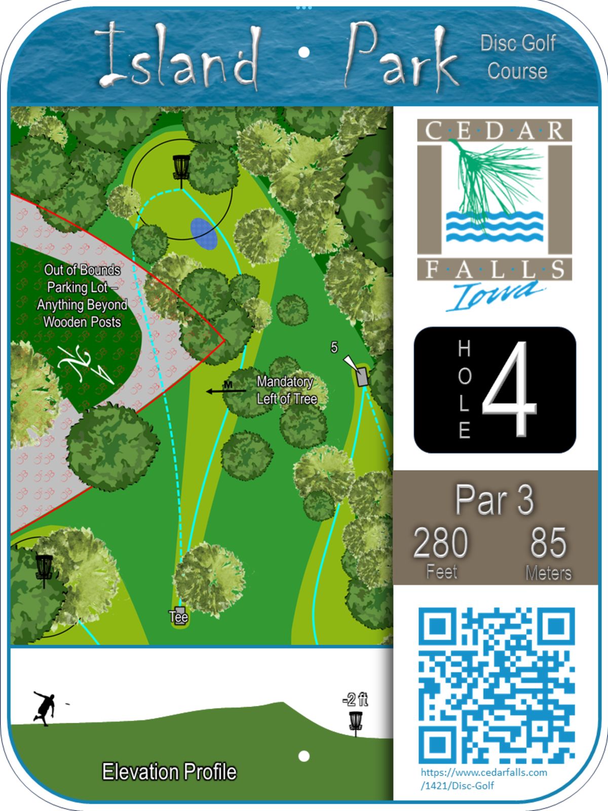 Hole 4 Tee Sign - Mandatory left of tree on the right and parking lot and driveway play as OB.