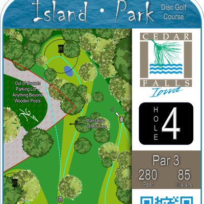 Hole 4 Tee Sign - Mandatory left of tree on the right and parking lot and driveway play as OB.