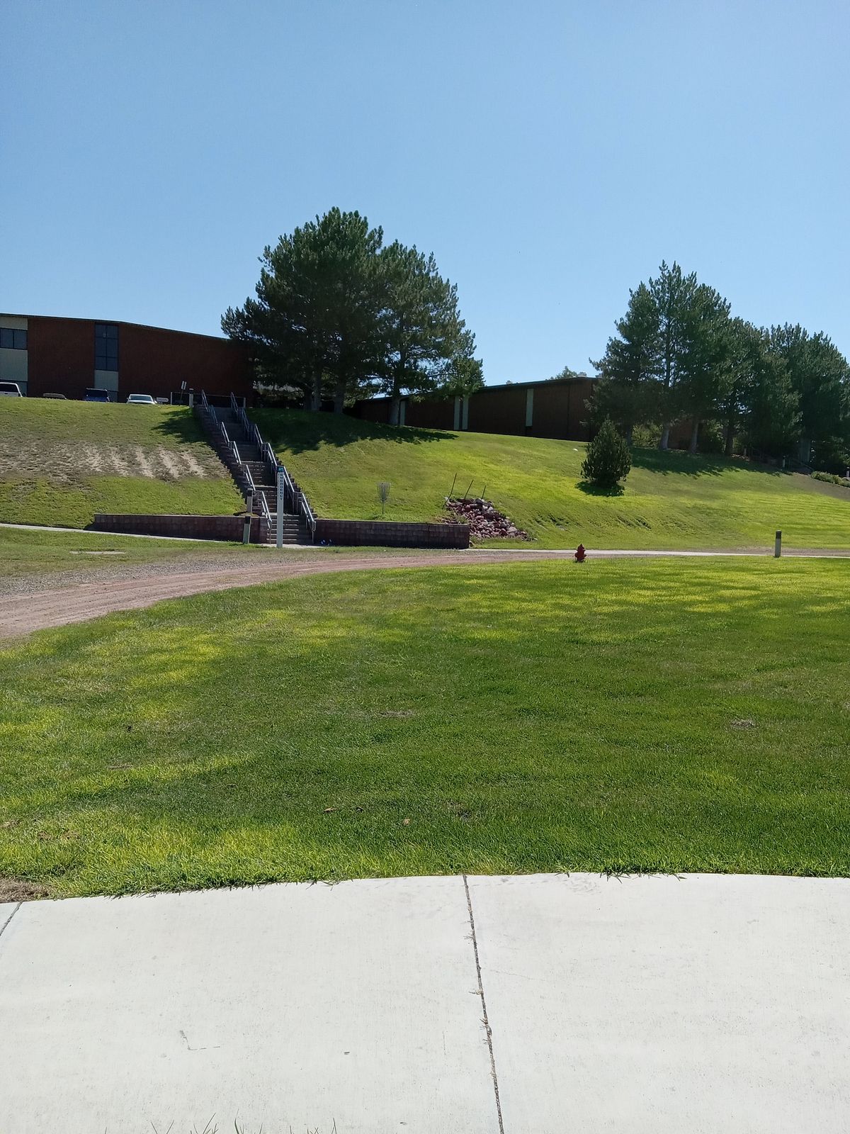 Neo Layout hole 5. Tee off from concrete to basket #5(white number on basket.) Throw over top of the hill to see the basket.