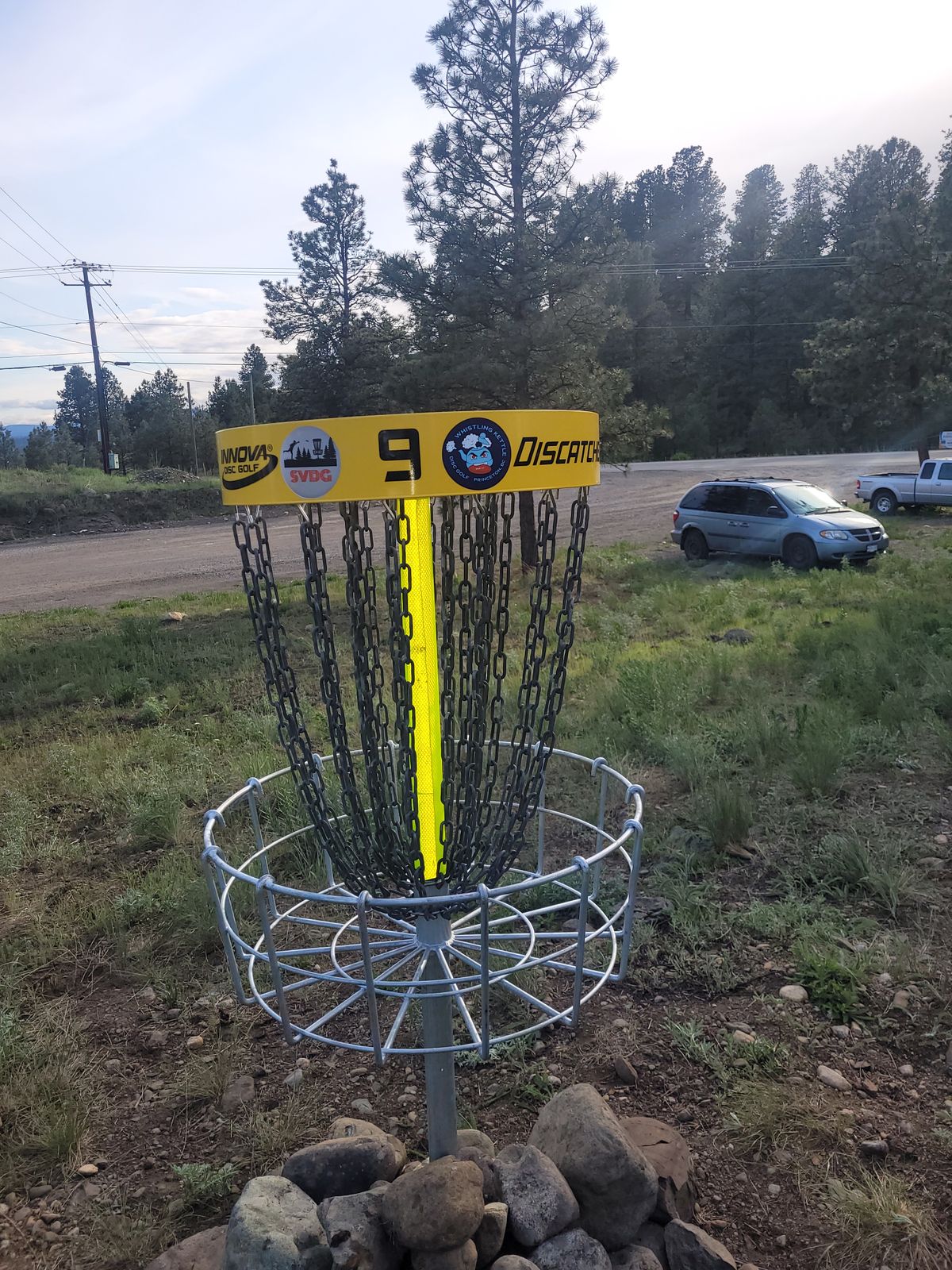 Innova Discatcher Pro Baskets with additional reflective tape on center pole. Hole #8 is  hanging basket!