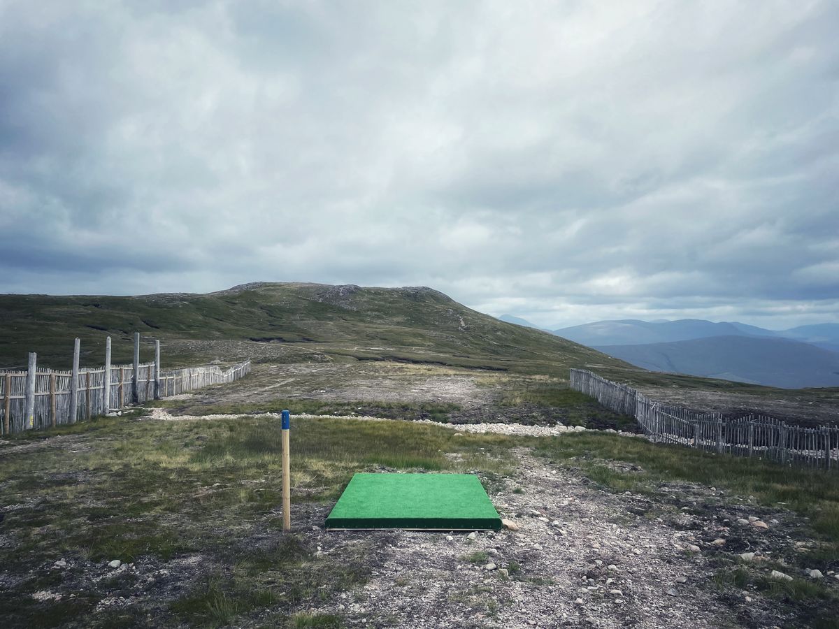 Hole 1 tee box, basket to the left of the fence line