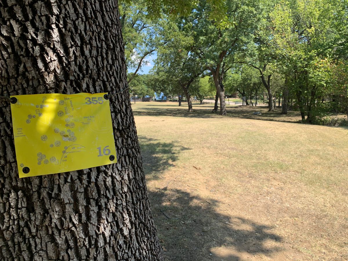 Hole 16. Signage is on the tree to the left of the tee pad. Long straight shot.