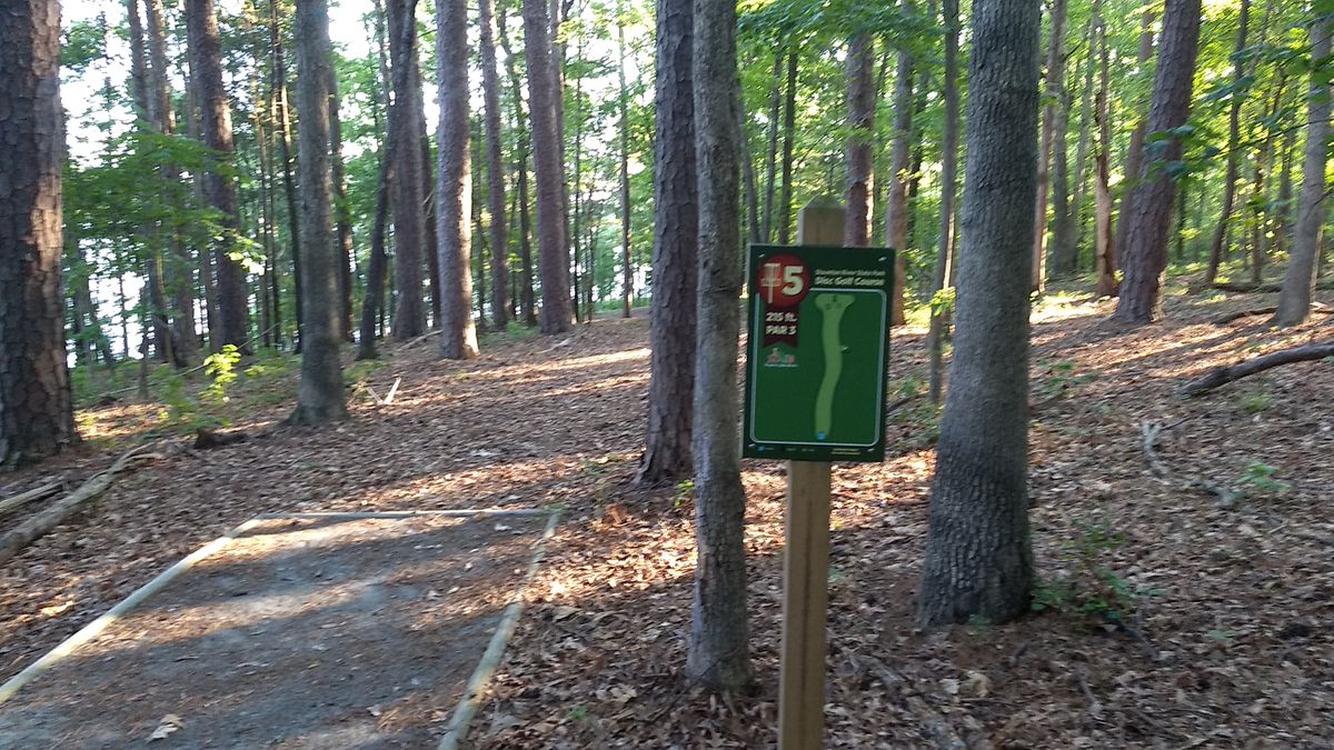 Hole #5. Par 3 - 275 Feet. Straight shot downhill. Caution, you must back track the fairway to get to hole six.