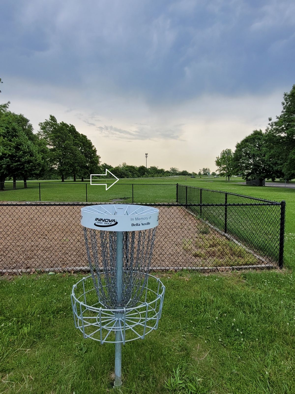 Hole 2 white basket to tee
Fenced pit is played as a hazard