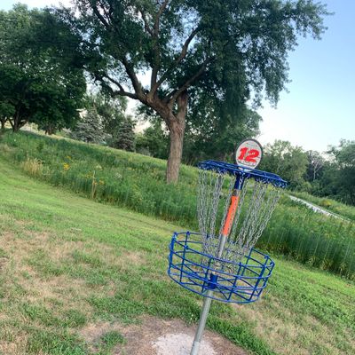 View of hole 12. Blue baskets on the back 9.