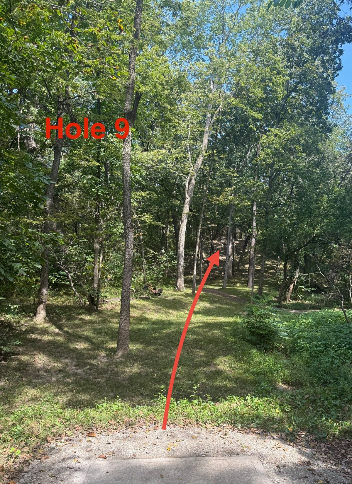 Hole 9 is straight gap shot leading up fairway to a steep hill leading to basket on rocky hillside