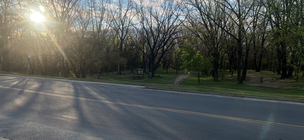 The parking lot view of the Infamous Gillies creek park course. View of hole 1,11,12,13,14 and 18.