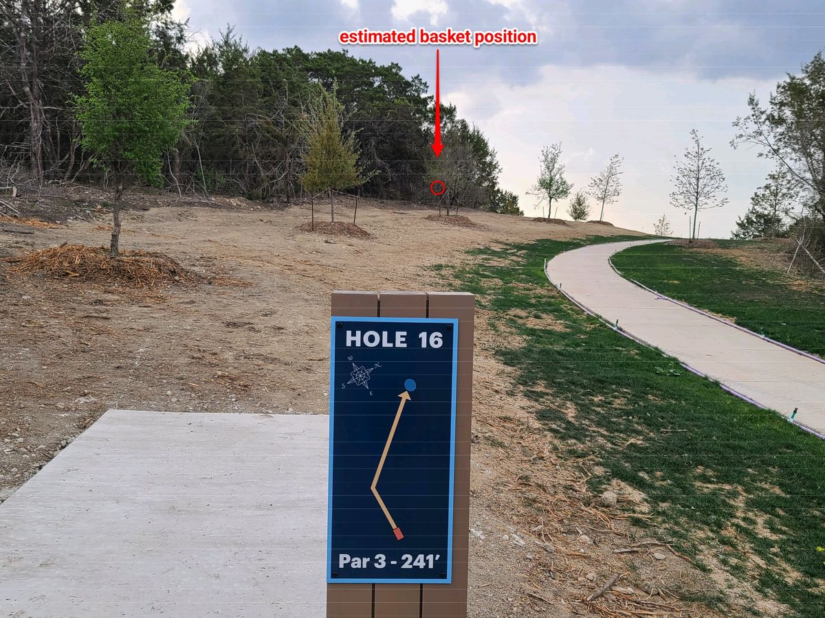 Tee box with estimated position of basket. 