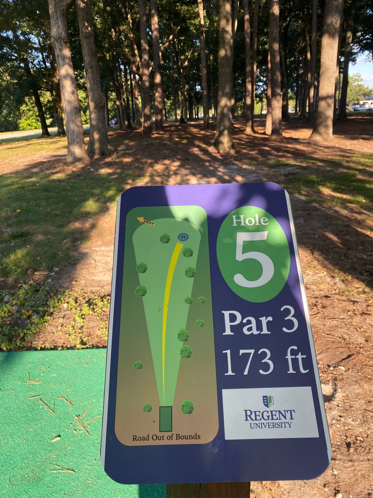 Here’s a good example of the tee pad, sign and type of shot you’ll see at Regent university.