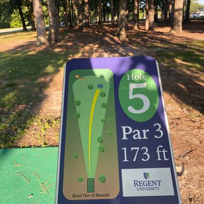 Here’s a good example of the tee pad, sign and type of shot you’ll see at Regent university.