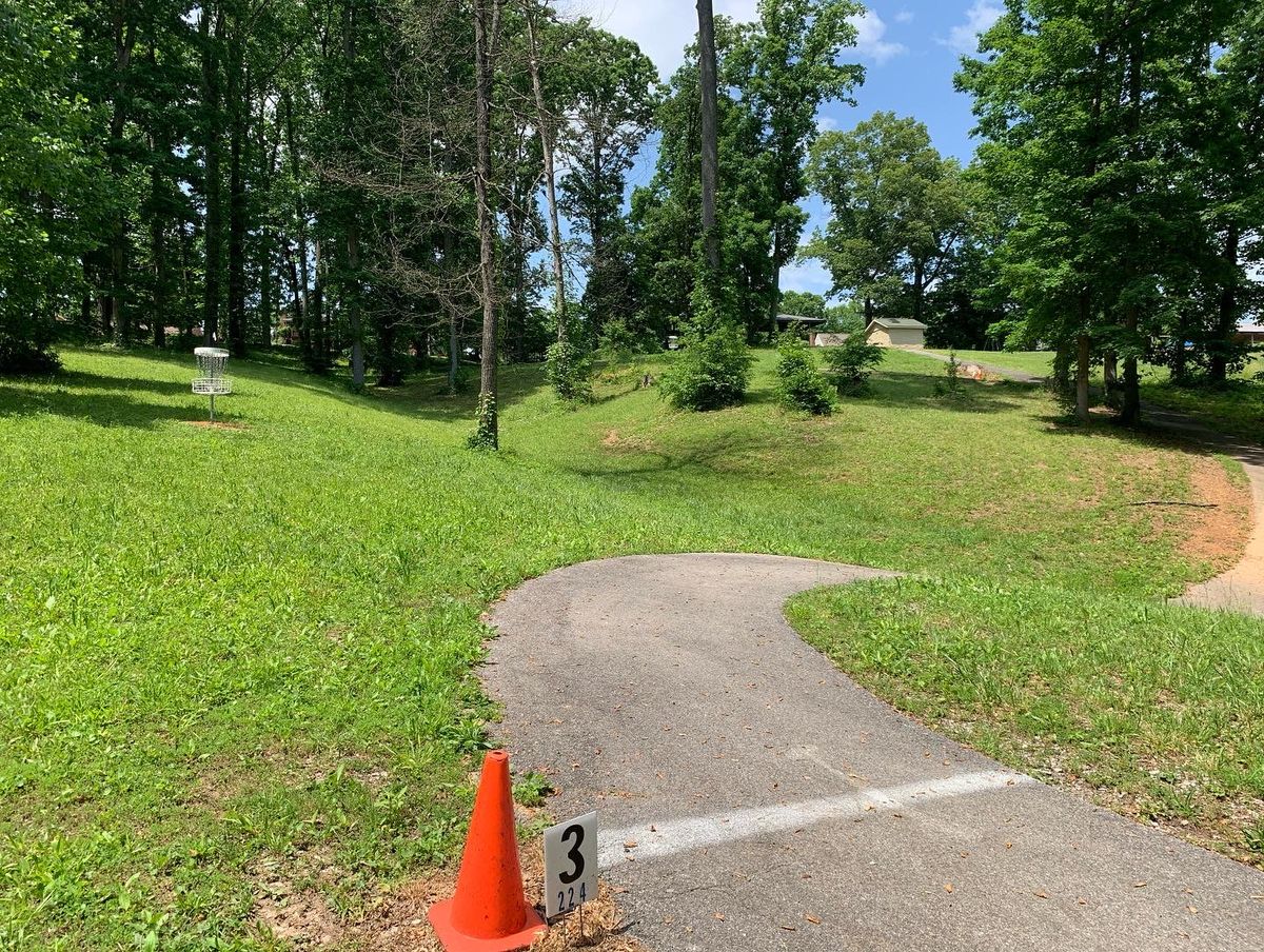 Hole 3 Tee on Walking Trail.
Hole 2’s basket visible to the left.
