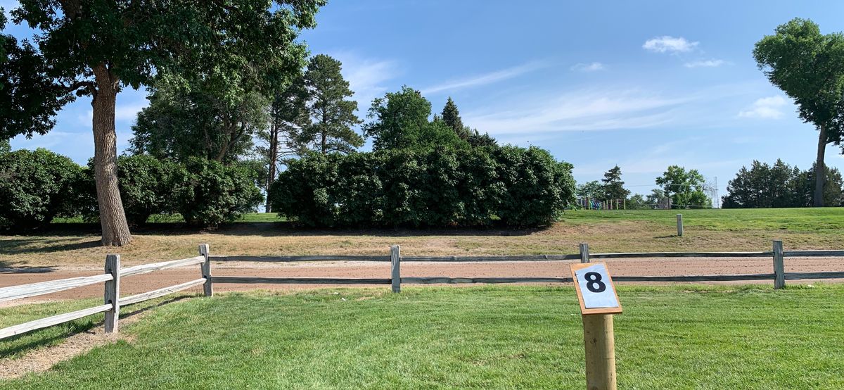 Tee Pad 8… over the bush and back behind the tall tree to the right