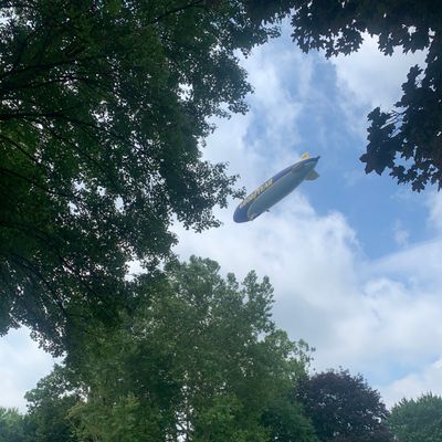 Blimp landing at the hangar across from hole 5